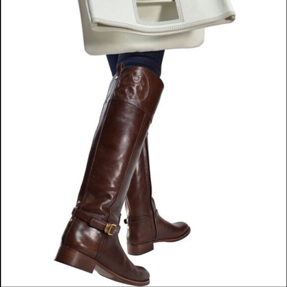 EUC Tory Burch Marlene Dark Brown Pebble Leather Logo Riding Boots Size 6.5 M